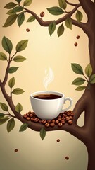 A steaming cup of coffee on a tree branch