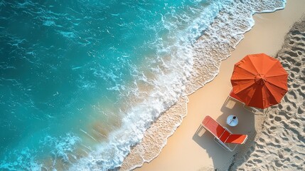 Fototapeta premium Beach scene, vibrant colors, sandy shore, ocean waves