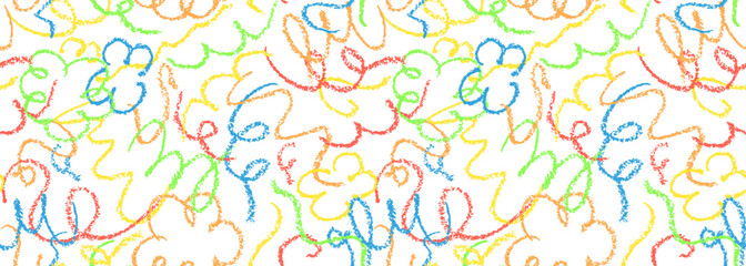 Seamless pattern with doodle chalk lines. Modern red blue green stroke squiggles drawn by wax pencil on white blackboard. Funny colorful wallpaper handdrawn on chalkboard by pastel or charcoal. Vector