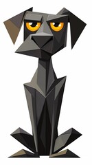 Polygonal style illustration of a dog in black and orange tones with yellow eyes