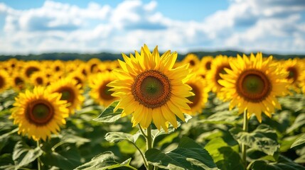 Fototapeta premium A field of sunflowers stretching towards the horizon, bright yellow colors, sunny day