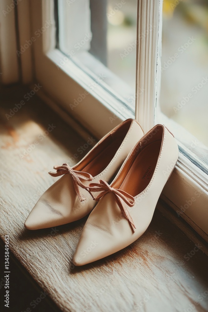 Poster A pair of shoes placed on a window sill with an open view