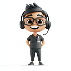 Cartoon Support Agent, Smiling, Studio Shot, White Background