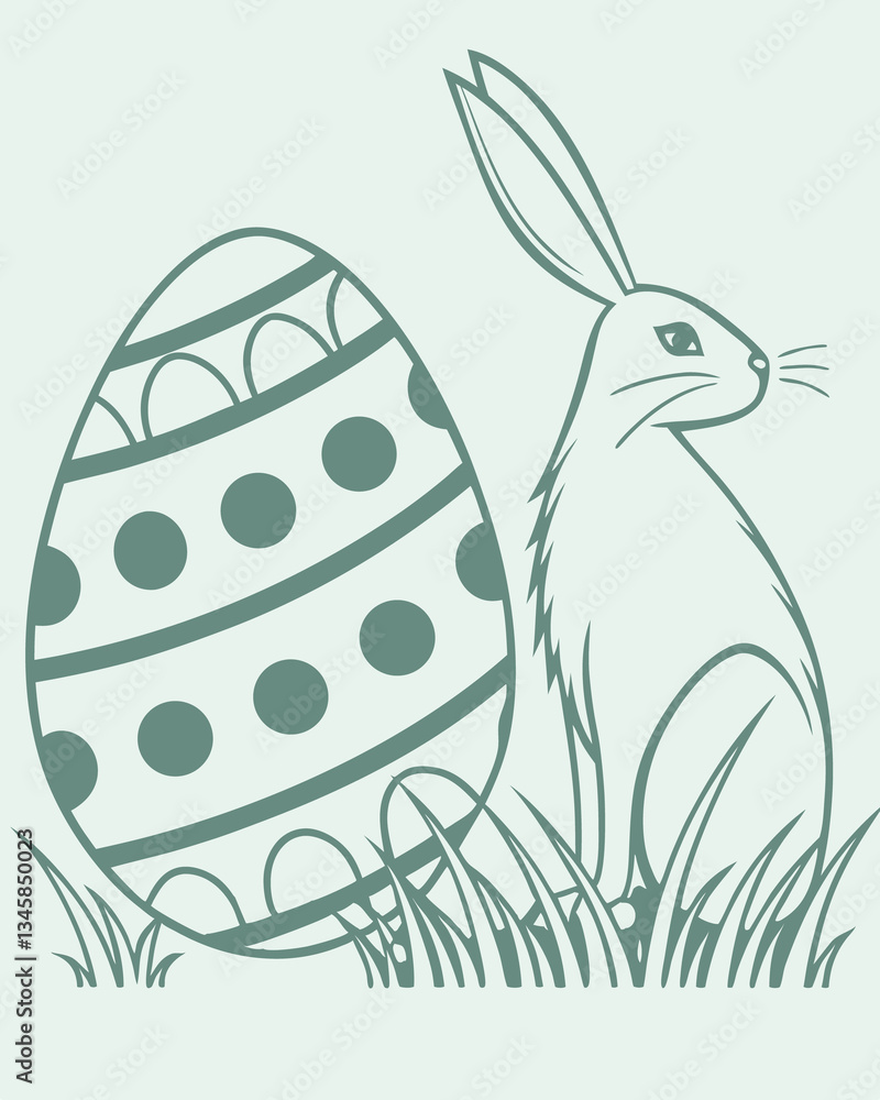Poster simple line drawing of a bunny with an egg in grass in a light background color. perfect for spring 