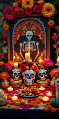 Fototapeta premium A vibrant and colorful altar, adorned with flowers, candles, and skulls, evoking a sense of reverence and remembrance