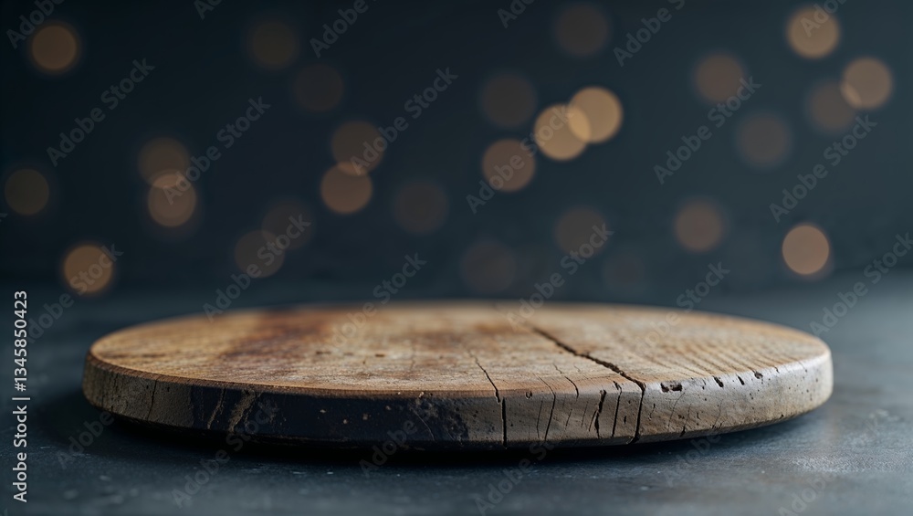 Poster rustic wooden serving board with soft bokeh background creates a warm atmosphere for culinary presen