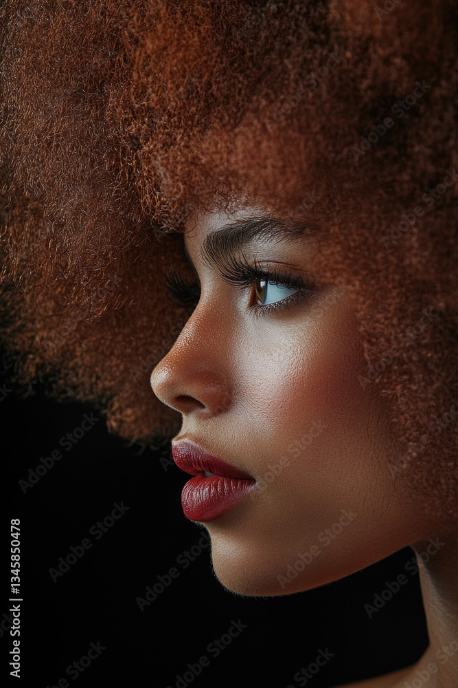 Poster close-up portrait of a woman with an afro, smiling and looking directly at the camera