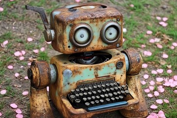 Fototapeta premium Rusty Robot in Park for Flower Petals.