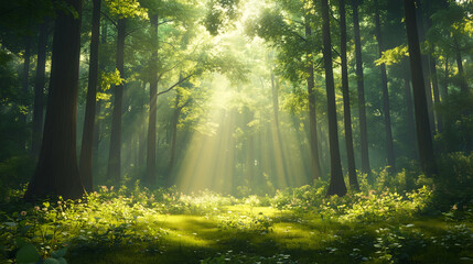 Sunlight streams through tall trees creating a serene forest atmosphere in the early morning