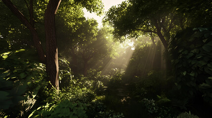 Obraz premium Sunlight filters through lush trees in a serene forest during early morning hours