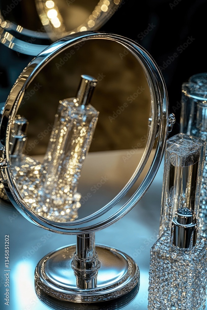 Poster a table with a mirror and a perfume bottle