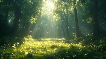 Obraz premium Light filters through trees in a tranquil forest grove filled with wildflowers and soft greenery