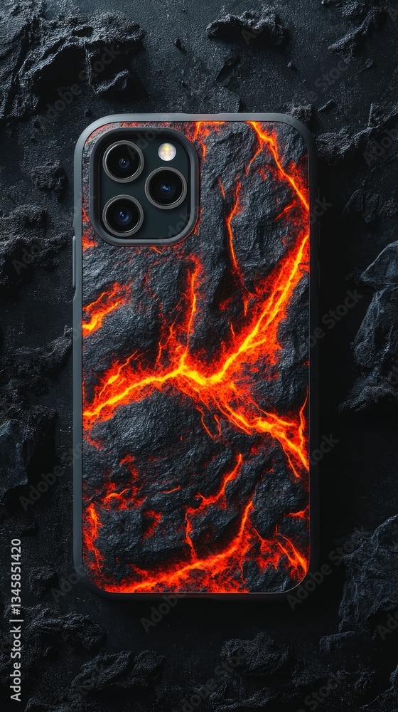 Poster Close-up shot of a phone case with a lava-inspired design and texture