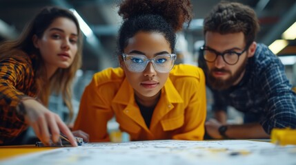 A team of engineers working on a project in a high-tech workshop, collaborative effort, diverse group