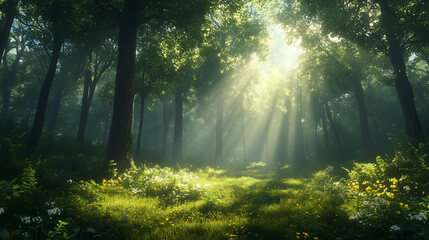 Fototapeta premium Sunlight filters through lush trees in a tranquil forest setting at dawn, creating a serene atmosphere full of life and beauty