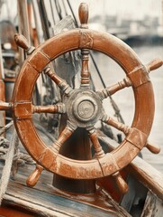 A steering wheel on a boat in calm water, perfect for editorial or commercial use