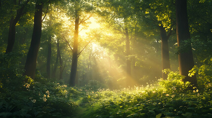 Fototapeta premium Sunlight filters through trees in a vibrant forest during early morning hours, creating a serene atmosphere with blooming flowers