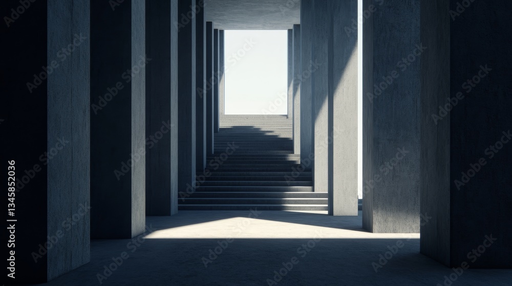 Poster modern architectural structure with steps illuminated by natural light during daytime