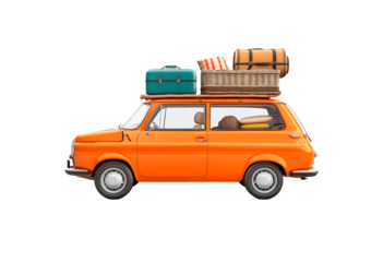 Orange car packed with luggage ready for an adventure isolated on transparent background