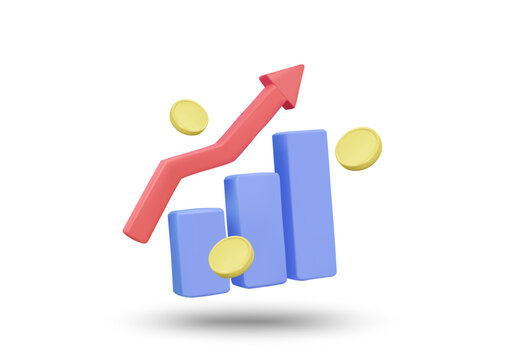 3D illustration vector render of graph icon, up arrow, and coins. Financial growth and investment return concept. Economic trend or profit. Increasing returns. Isolated on white background.