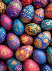 Colorful Handcrafted Easter Eggs with Intricate Designs in Vibrant Hues for Spring Celebrations and Festive Decorations in a Creative Layout