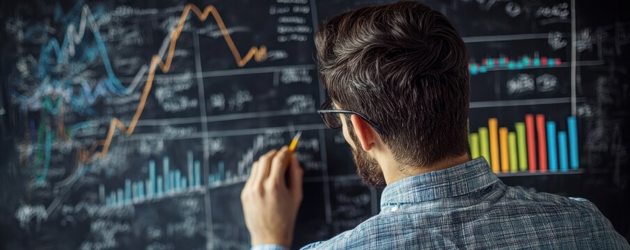 Focused man analyzing financial charts on a blackboard - Powered by Adobe