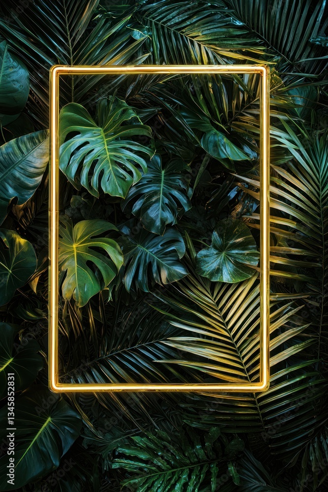 Wall mural striking gold neon frame set against a backdrop of lush tropical foliage, creating a vivid and luxur