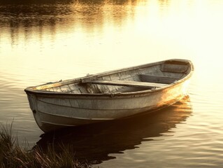 Naklejka premium A small white boat resting on the calm surface of a lake, perfect for serene scenes or outdoor adventures