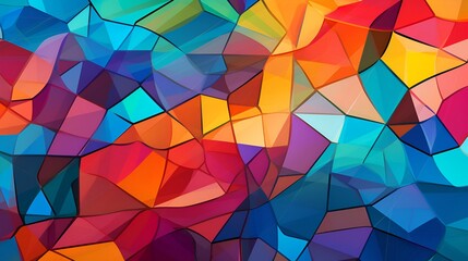 A vibrant explosion of colorful geometric shapes, a kaleidoscope of energy and passion in a dazzling, abstract polygonal art style.