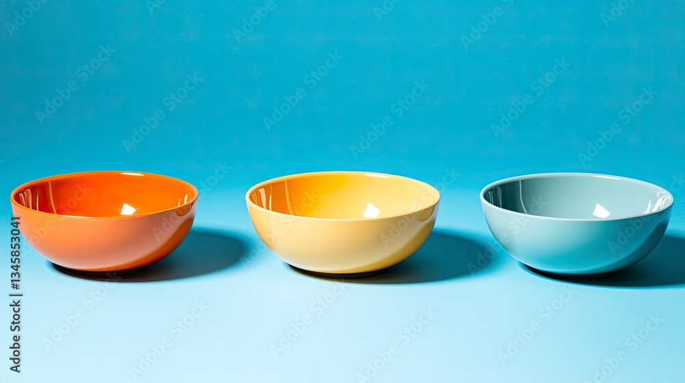 Poster three empty colorful bowls arranged in a row on a blue background.