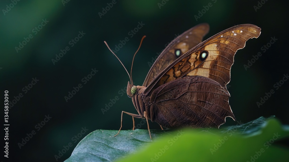 Poster close-up shot of a butterfly perched on a leaf, emphasizing its delicate features and natural surrou