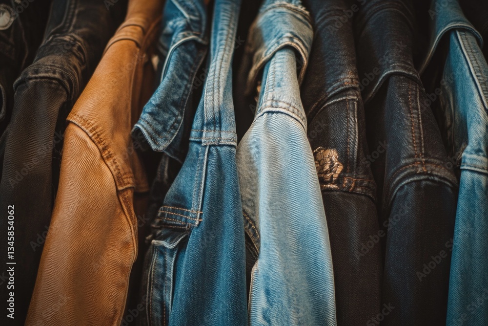 Poster various colored jeans hung on a rack for display or storage