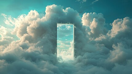 A surreal portal shimmering in a cloudy sky, reflecting a bright blue expanse
