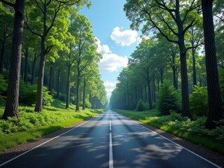 Fototapeta premium Serene forest road, vibrant greenery, and a brilliant blue sky