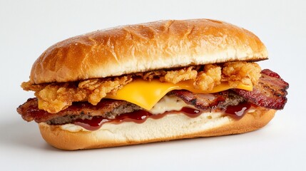 Juicy beef patty, crispy bacon, melted cheese, onion rings, and BBQ sauce on a soft roll