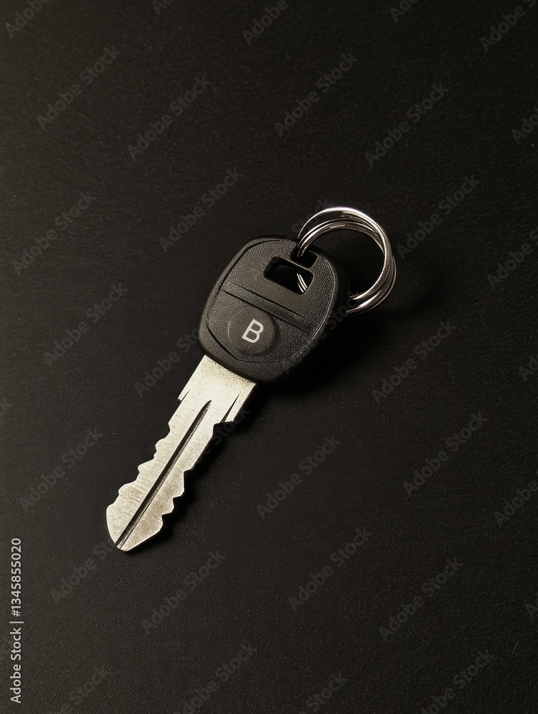 Poster a close-up view of a car key on a black surface, suitable for use in automotive or travel-related co