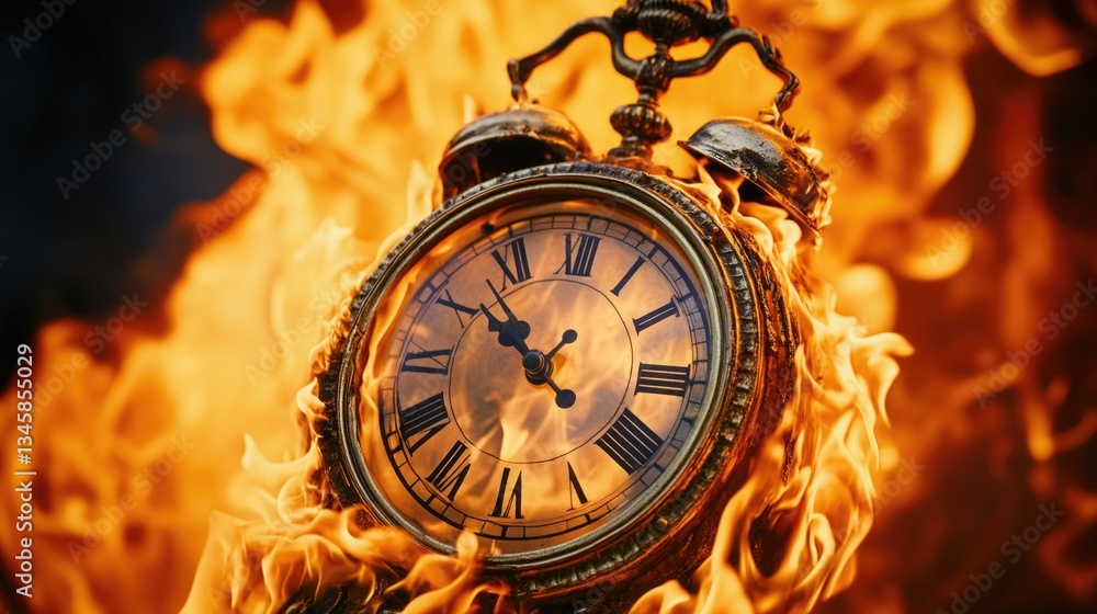 Poster A burning clock with flames in the background