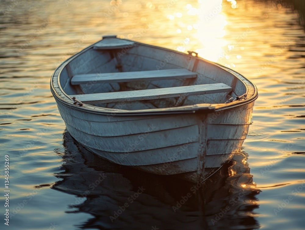 Poster a small boat is floating peacefully on the surface of a calm lake