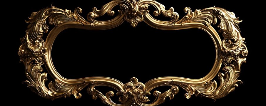 Ornate golden baroque frame with intricate carvings on black background - Powered by Adobe