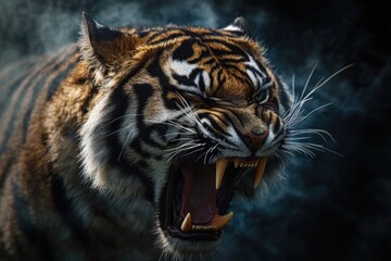 A close-up view of a tiger's open mouth, perfect for wildlife or predator-themed projects