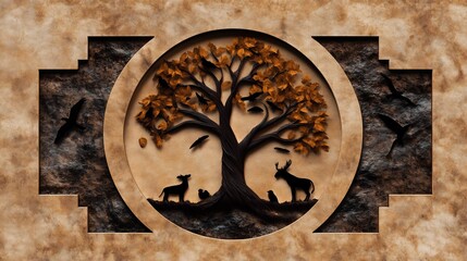 Autumnal Tree of Life: Intricate Carving of Nature's Serenity