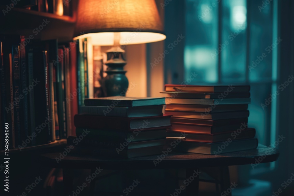 Poster a stack of books placed next to a lamp, ideal for a study or reading area