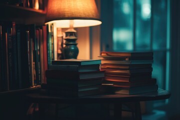 A stack of books placed next to a lamp, ideal for a study or reading area