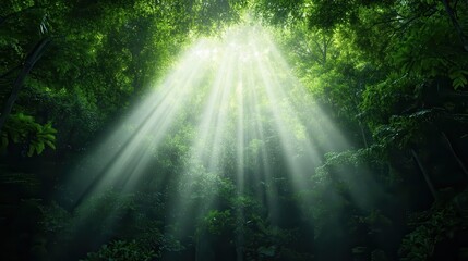 Sunlight Beams Piercing Through Lush Green Jungle Canopy