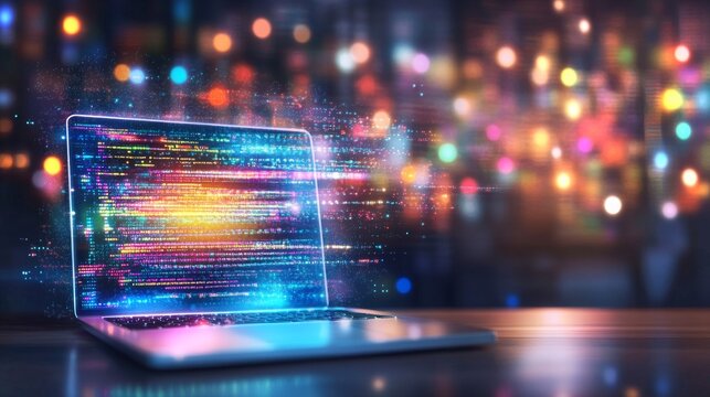 Visual representation of data streaming from a laptop with colorful digital effects