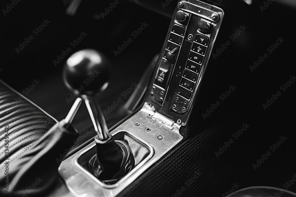 Poster black and white photo of a car dashboard with various gauges and controls