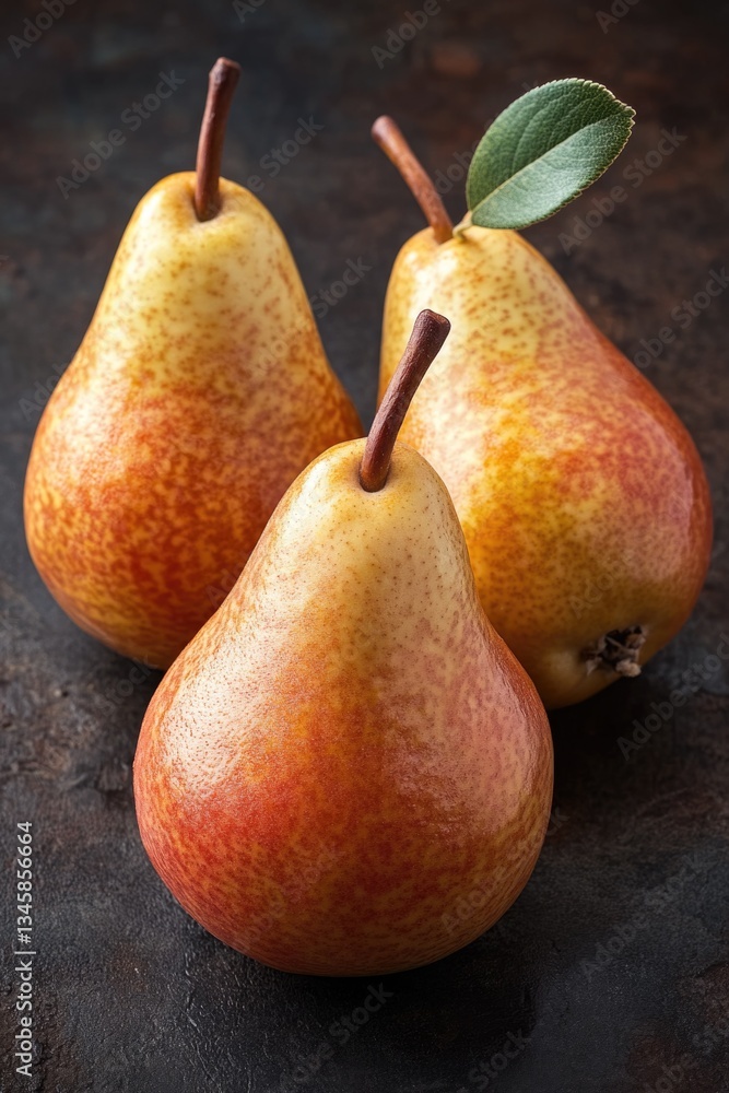 Poster a still life image of three pears sitting on a table