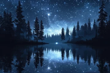 Nighttime forest reflected in a tranquil lake