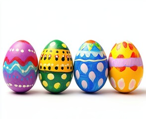Colorful Hand-Painted Easter Eggs with Unique Designs Arranged in a Row on a White Background for Spring Celebrations and Festive Crafts