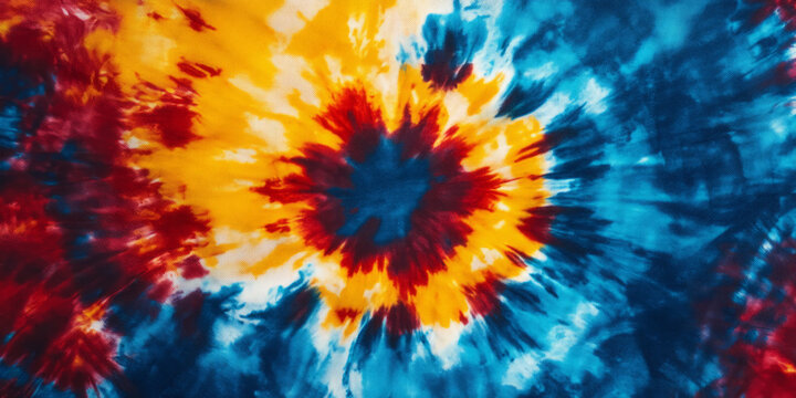 A unique tie-dye fabric texture background with bold splashes of blue, red, and yellow. The irregular color blending and hand-dyed effect create a vibrant, psychedelic aesthetic, perfect for bohemian
